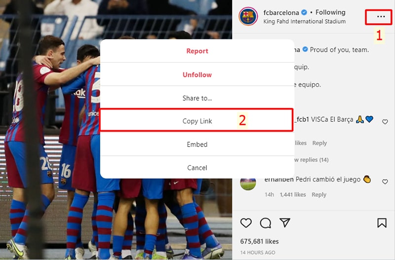 Copy the Instagram post link